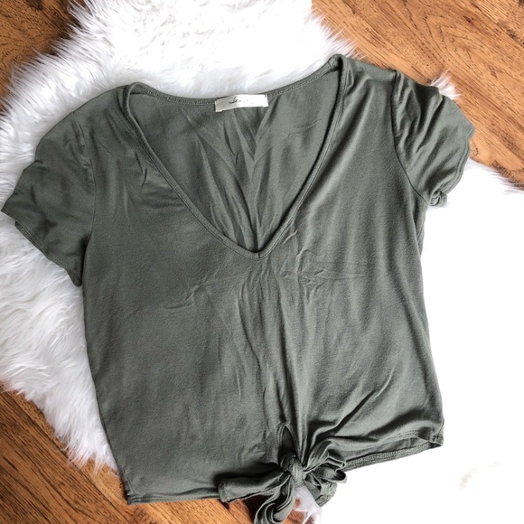 Army Green Tie Front T-Shirt - Picture 1 of 4